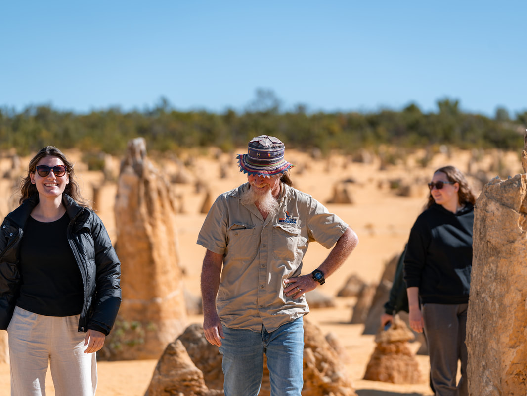 Red Earth Safaris group exploring the Pinnacles on a Perth to Exmouth tour